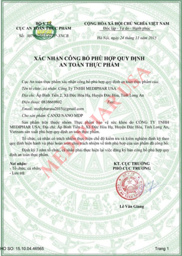 Giấy chứng nhận ATTP của sản phẩm cốm Nano Canxi MDP