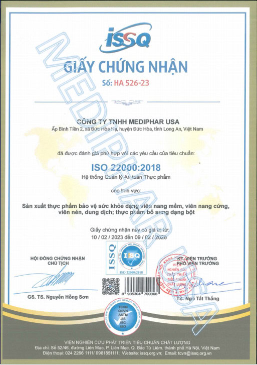 HỒ SƠ PHÁP LÝ CỦA MEDIPHAR USA Giấy chứng nhận ISO 22000:2018
