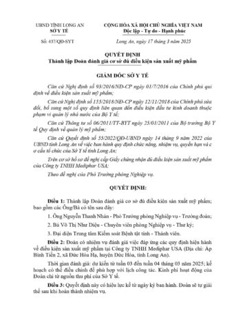 Thông báo: Thành lập Đoàn đánh giá cơ sở đủ điều kiện sản xuất mỹ phẩm tại Công ty TNHH Mediphar USA