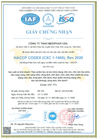 Chứng nhận HACCP của nhà máy Mediphar USA