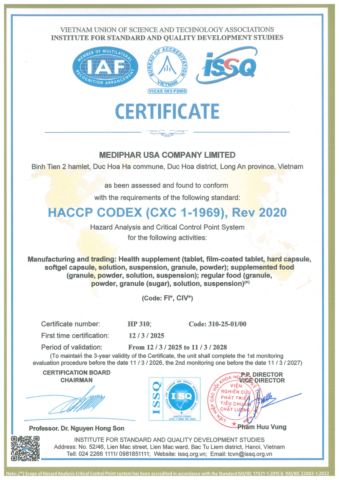 Chứng nhận HACCP của nhà máy Mediphar USA