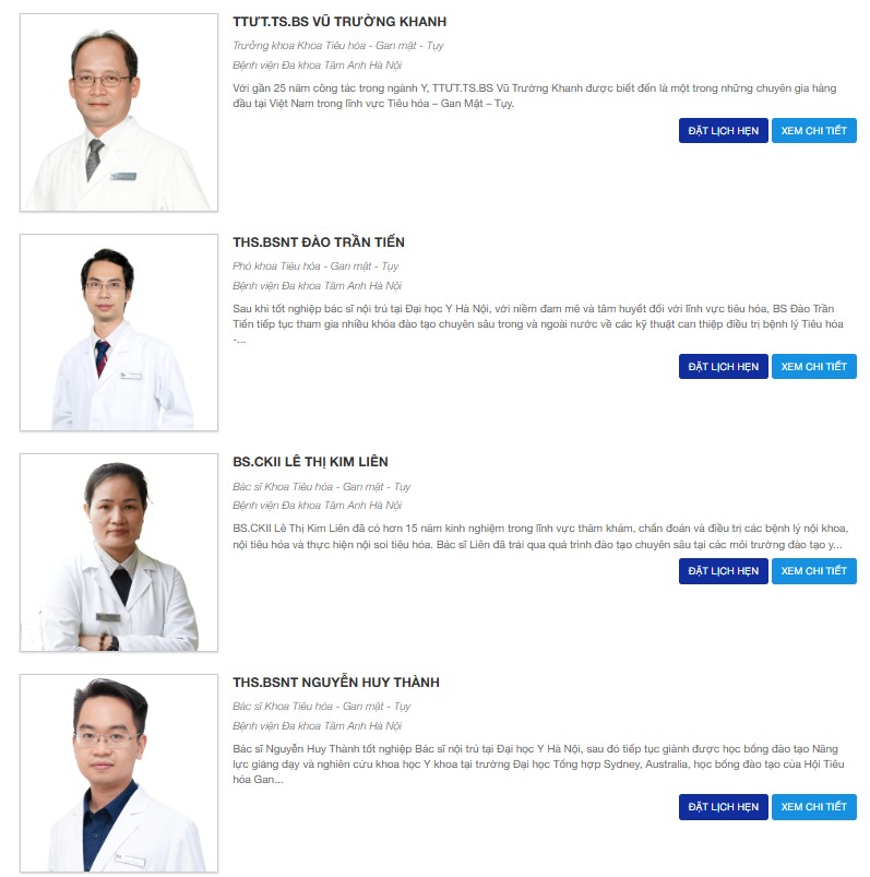 Danh sách 8 bệnh viện khám tiêu hóa tốt tại TPHCM Danh sách bác sĩ khoa tiêu hóa giỏi ở Bệnh viện Đa khoa Tâm Anh TP.HCM: