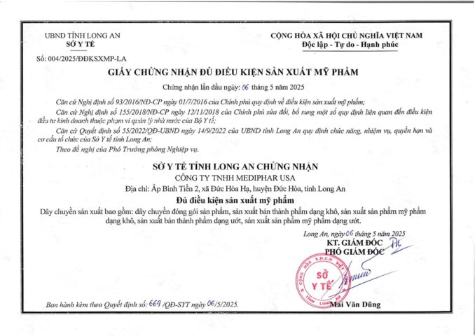 Giấy chứng nhận đủ điều kiện sản xuất mỹ phẩm của Mediphar USA do Sở Y Tế Long An Cấp