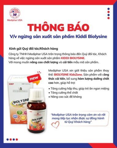 THÔNG BÁO NGỪNG SẢN XUẤT SẢN PHẨM KIDDI BIOLYSINE
