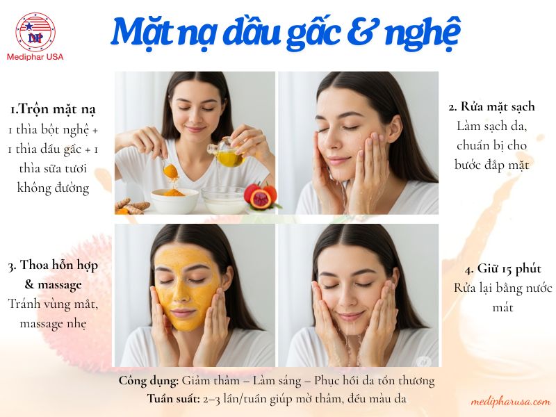 Cách làm mặt nạ dầu gấc: Hướng dẫn từ A đến Z cho làn da sáng mịn Công thức kết hợp với nghệ phù hợp với da có thâm mụn, không đều màu