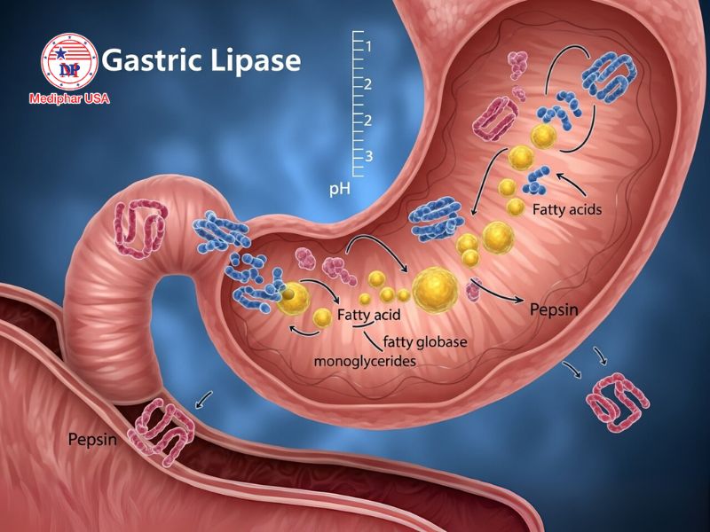 Lipase là gì? Vai trò, cơ chế hoạt động và ứng dụng thực tiễn Lipase dạ dày (Gastric lipase)