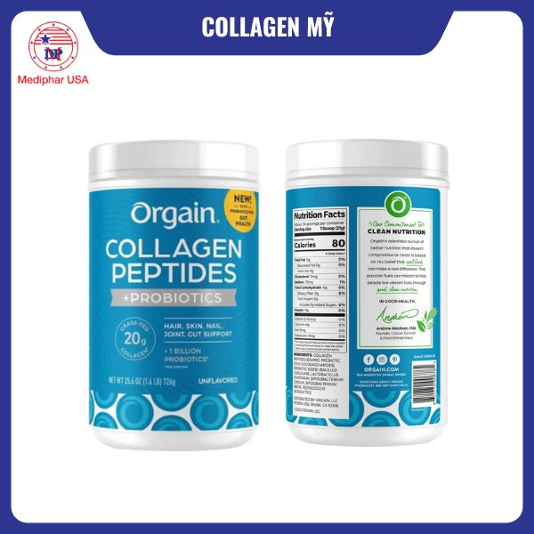 11 loại collagen của Mỹ tốt đang có mặt trên thị trường Collagen Mỹ dạng bột Orgain Peptides và Probiotics