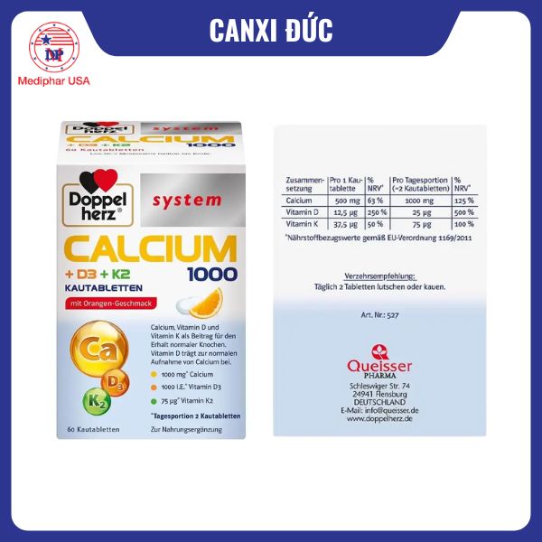 Viên nhai Doppelherz Calcium 1000 D3 K2 vị cam