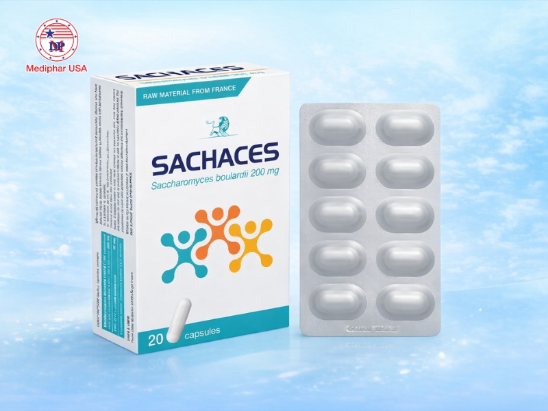 Men vi sinh Sachaces dạng viên nang chứa Saccharomyces boulardii, hỗ trợ cân bằng hệ vi sinh đường ruột