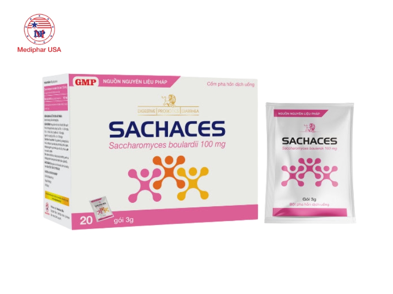 Sachaces – men vi sinh dạng gói chứa Saccharomyces boulardii kết hợp kẽm, giúp hỗ trợ cân bằng hệ vi sinh đường ruột