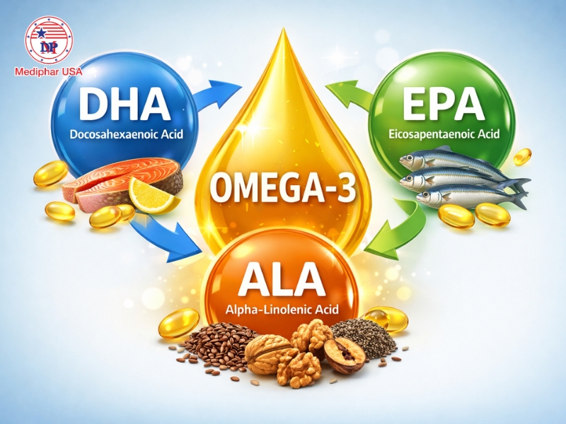 Omega-3 gồm ba dạng chính là DHA, EPA và ALA