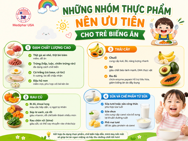 Những nhóm thực phẩm nên ưu tiên cho trẻ biếng ăn