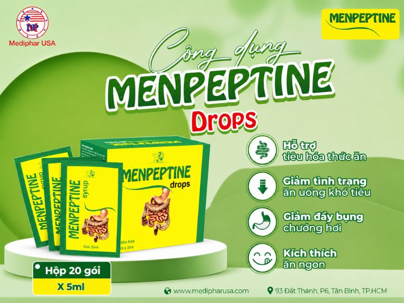 Tổng hợp 7 cây thuốc nam chữa chướng bụng đầy hơi hiệu quả, an toàn Menpeptine Drops dạng gói hỗ trợ tăng cường tiêu hóa, giảm đầy hơi, chướng bụng