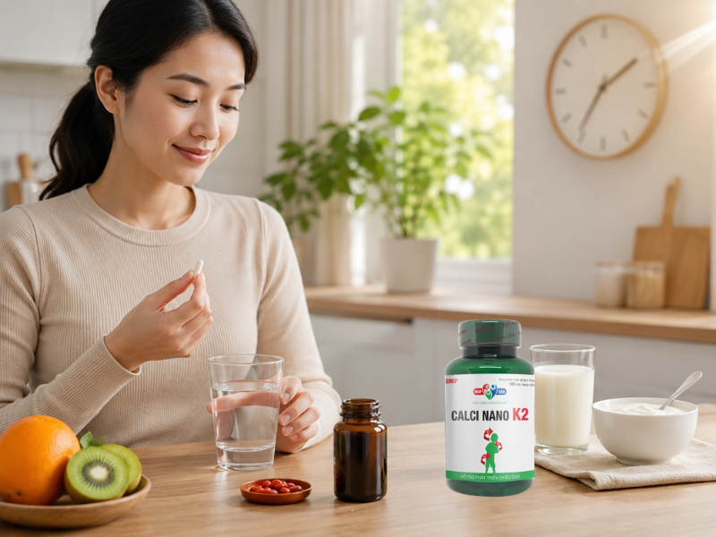 Calci Nano K2 có thể được sử dụng để bổ sung canxi theo nhu cầu, đồng thời nên uống cách viên sắt ít nhất khoảng 2 giờ