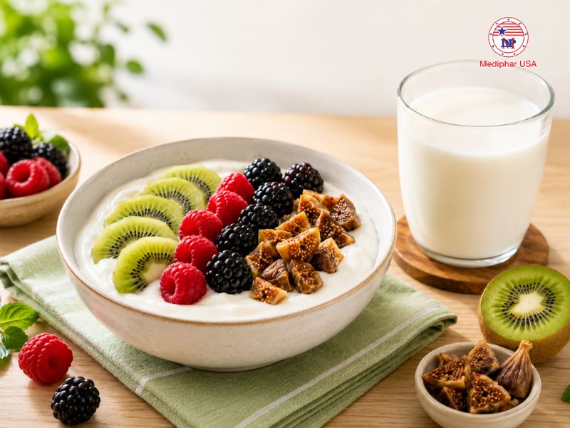 Top 8 loại trái cây giàu canxi có thể bổ sung vào chế độ ăn Kết hợp trái cây với sữa chua hoặc sữa giúp đa dạng nguồn dinh dưỡng trong bữa phụ.
