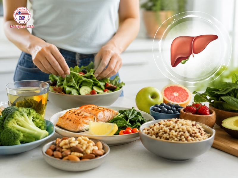 Chế độ ăn cân bằng, giàu rau xanh, ngũ cốc nguyên hạt và thực phẩm ít chế biến giúp hỗ trợ sức khỏe gan