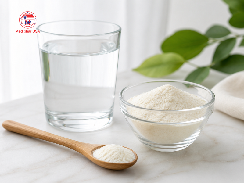 Uống collagen có tốt không? Lợi ích và cách bổ sung phù hợp Collagen dạng bột có thể được pha với nước để bổ sung collagen hằng ngày.