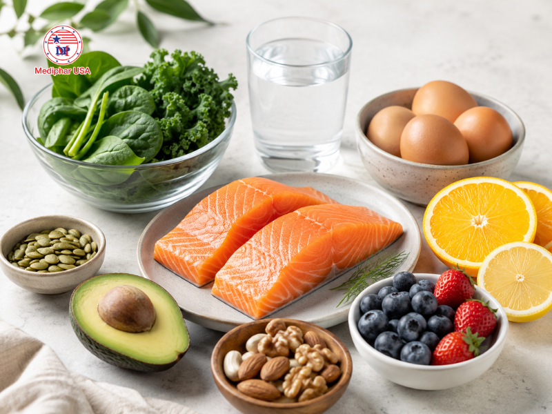 Uống collagen có tốt không? Lợi ích và cách bổ sung phù hợp Chế độ ăn giàu protein, vitamin và khoáng chất góp phần hỗ trợ quá trình tổng hợp collagen tự nhiên của cơ thể.